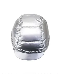 Top view of silver quilted winter hat featuring metallic finish and warm padded texture