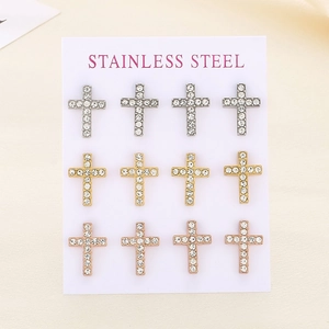 Set of 12 pairs of sparkling cross stud earrings in silver gold and rose gold tones