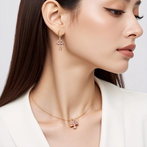 Golden mushroom necklace and earrings set with pink enamel and colorful crystals