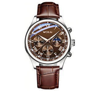 Men's business quartz chronograph watch with brown leather strap and moon phase dial
