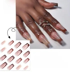 French style brown and nude gradient long coffin press-on nails shown on hand