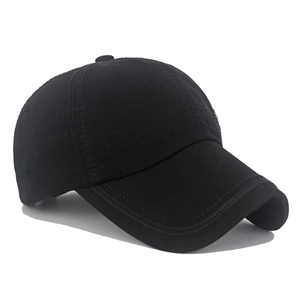 Detailed close-up of a black cotton baseball cap with double-row stitching on the curved brim
