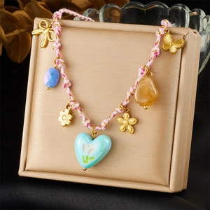 Woven Rope Pendant Necklace Stainless Steel Heart Flower Butterfly Bow Colorful Resin Beaded Sweet Fresh Style For Women