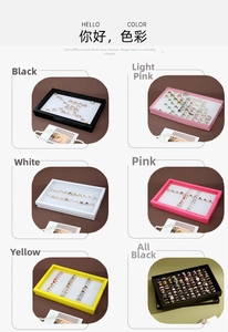 Collage of 100-slot jewelry display boxes in multiple colors with transparent lids