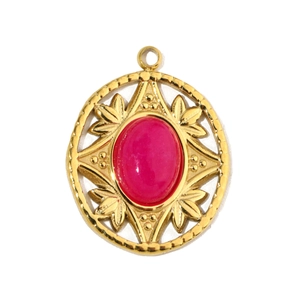 Detailed macro view of vintage gold steel pendant featuring a teardrop pink natural stone