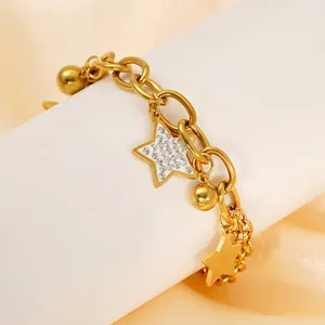 18k gold plated stainless steel star bracelet with sparkling zircon charms for women