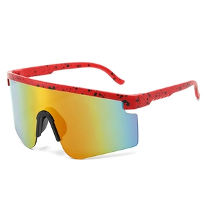 Sporty windproof cycling sunglasses with red speckled frame and gradient orange lenses