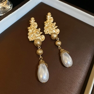 French vintage metallic flower and teardrop pearl drop earrings for women in gold finish