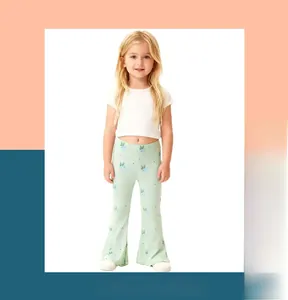 Détails du legging évasé vert menthe pour fille avec texture côtelée et imprimés