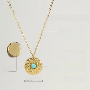 Detail view of round turquoise star necklace with 15.3mm pendant size and 450mm chain