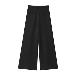 Vue arrière du pantalon noir taille haute à jambes larges avec poches et beau drapé