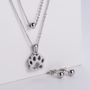 Hollow Paw Print Double Layer Necklace And Ball Stud Earrings Stainless Steel Minimalist Jewelry For Women