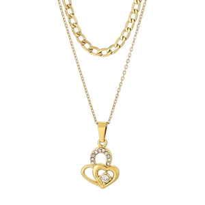 Detail of gold double-layered necklace with interlocking crystal heart pendant