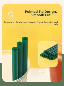 Detail of green plastic straw with sharp tip for bubble tea and smooth machine-cut edge