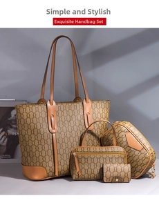 Detail of 4-piece tote bag set featuring brown chain pattern and tan leather trim
