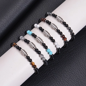 Men's natural tiger eye and obsidian beaded bracelet set with stainless steel OT buckle