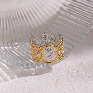 Two-tone gold and silver open rose flower relief ring in polished stainless steel finish