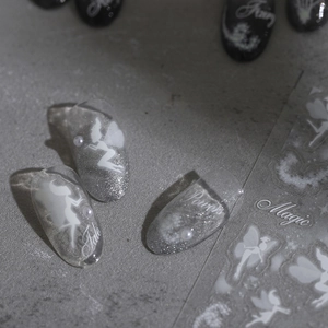 5D stereoscopic fairy theme nail art stickers with silver glitter and pearl details