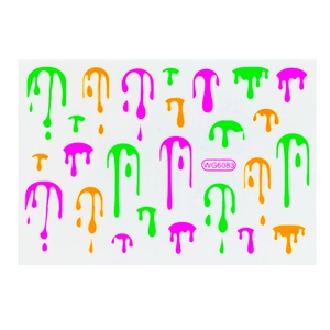 Detail of neon drip effect nail stickers in green, orange, and pink colors, model WG6083