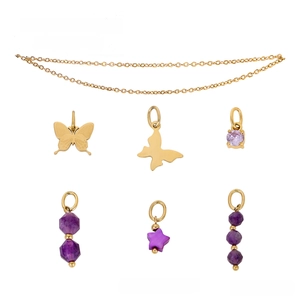 DIY jewelry set with gold stainless steel chain and purple butterfly pendant charms