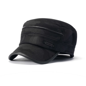 Men's winter flat top cadet cap in black camouflage with ear protection and warm lining