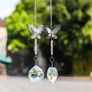 Garden crystal suncatcher set with silver butterfly wings and faceted prism balls