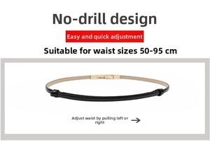 Adjustable black slim belt for 50-95cm waist featuring a gold sliding metal buckle
