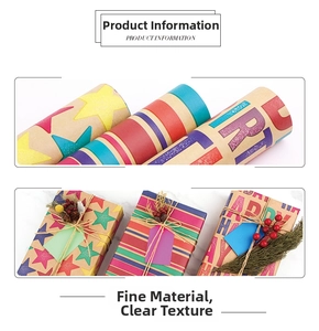 Detail of Happy Birthday wrapping paper rolls with colorful stars and striped patterns