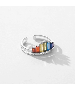 Detail of S925 sterling silver open ring featuring rainbow rectangular gemstone inlay