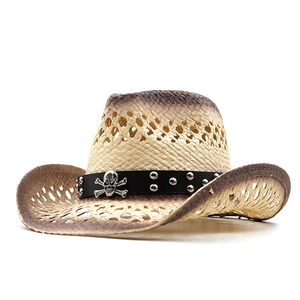 Handmade raffia western cowboy hat with gradient weave and metal skull ornament