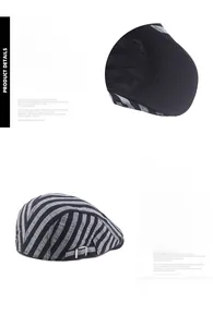 Detail of grey striped cotton newsboy cap with metal buckle and soft texture