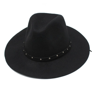 Classic black wide-brimmed wool fedora hat with stylish silver studded decorative band