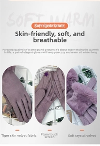 Detail showing plush faux fur cuff and screen-touch floral embroidery on purple suede gloves