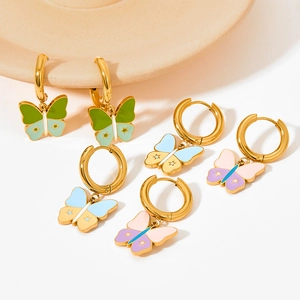 Butterfly Drop Hoop Earrings Stainless Steel Enamel Colorful Star Pattern Sweet Cute Jewelry For Women Girls