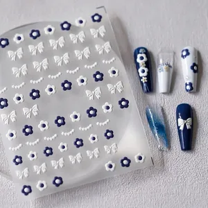5D Embossed Nail Art Stickers Plumeria Flower Bowknot 3D Relief Self Adhesive Decals Klein Blue White DIY Manicure