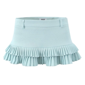 Detailed view of the light blue layered ruffle mini skirt with subtle fabric texture