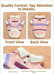 Detail view of pink and purple striped mink fleece dog sweater with polo collar and buttons