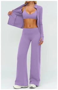 Detailed view of women's 3-piece lavender yoga set with zip-up jacket and wide-leg pants