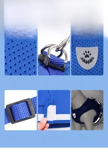 Detail of blue breathable mesh dog harness featuring dual D-rings and reflective safety strips