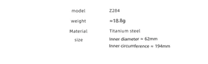 Detailed size specifications for titanium steel bracelet showing 62mm inner diameter