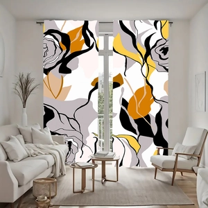 Modern abstract floral pattern curtains with black outlines and yellow gray color blocks