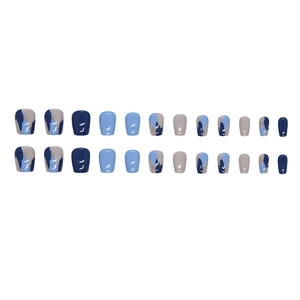 Short T-shaped deep blue press-on nails with modern abstract color block design