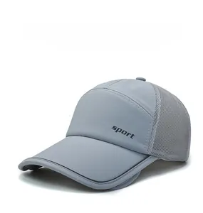 Detail view of breathable grey mesh fabric and sport embroidery on outdoor sun hat