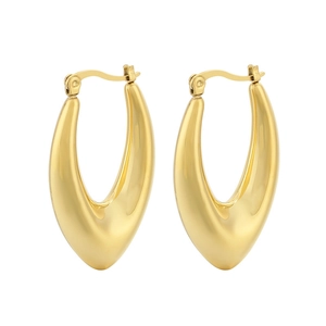 Polished golden U-shaped hollow stainless steel hoop earrings for women on white background