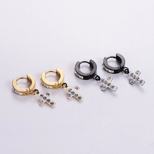 Polished stainless steel hoop earrings with crystal-encrusted cross charms in gold and black