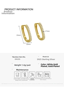 Detail view of S925 sterling silver rectangular earrings with zircon inlay and dimensions