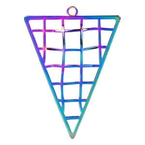 Macro shot of 18k plated rainbow stainless steel triangle pendant with grid design