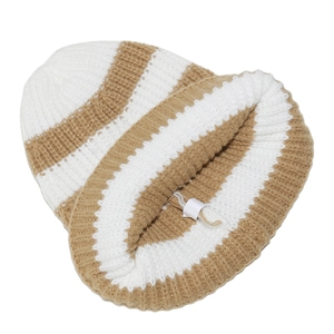 Close-up of thick knit striped winter beanie in khaki and white with ribbed edge detail