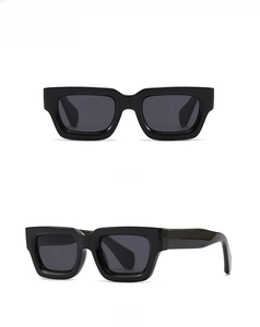 Front and side view of stylish black irregular polygon sunglasses with dark lenses