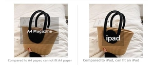 Detail view of woven cotton rope tote bag showing size capacity compared to iPad